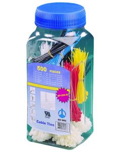 MULTICOMP PRO SPC35325Cable Tie Assortment Kit, 500 Pcs, 3 Lengths, 2 Tensile Strengths, Natural & 4 Colors, Storage Jar